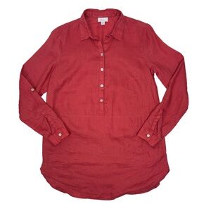 J Jill Love Linen Women XS Oversized Tunic Pockets Partial Button Tab Sleeves